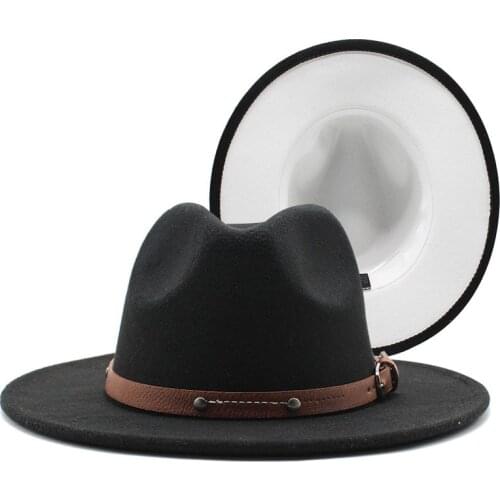 Fashion Wool Felt Fedoras Hat Women Elegant Fedora With Leather Wide Brim Jazz Panama Cap Men Double Sided Patchwork Trilby Cap
