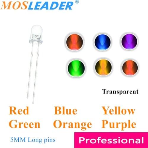 Mosleader DIP LED 5mm 1000PCS Red Blue Yellow Green Purple Orange amber F5 Long pins 25-27MM LED Transparent round head LED