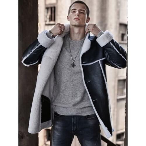 2019 New Mens Sheepskin Shearling Jacket Long Leather Jacket Fur Coat Mens Winter Coats Trench Coat