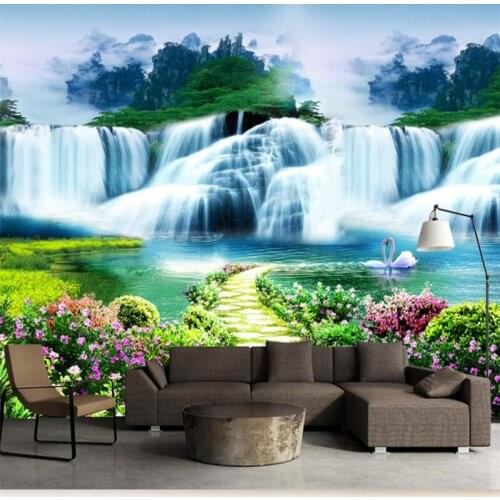 Wellyu Flower bush trail waterfall landscape scenery background painting custom large mural green wallpaper papel de parede