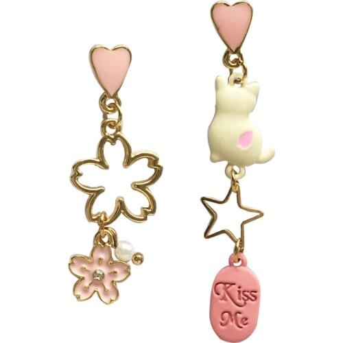 Personality daily wear playful loli asymmetrical cat temperament flower earrings