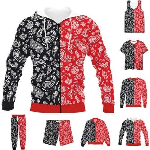 New Funny 3D Full Print Bandana Red Black Paisley T-shirt/Sweatshirt/Zip Hoodies/Thin Jacket/Pants Four Seasons Casual Suit V51