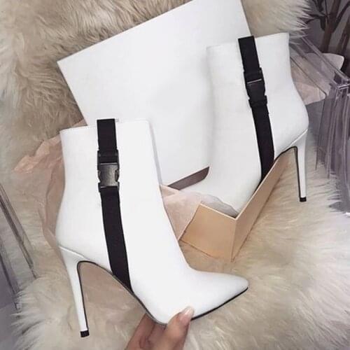Newest White Black Ankle Boots Buckle Strap Pointed Toe High Heels Dress Shoes Stretch Short Boots For Lady Drop Ship