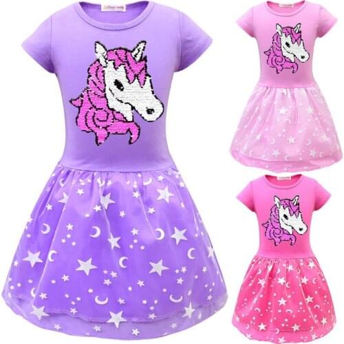 2019 girls new dress unicorn double-sided flip sequin skirt mesh double pleated childrens dress