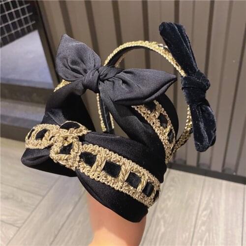 Vintage Black Velvet Women Hairband Bezel Hair Accessories for Girls Gold Patchwork Knot Twist Hair Hoop Korean Female Headband