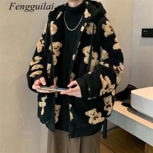 Autumn and Winter Korean Lamb Wool Bear Cotton Padded Jacket Mens Hooded Thickened Couple Loose Coat