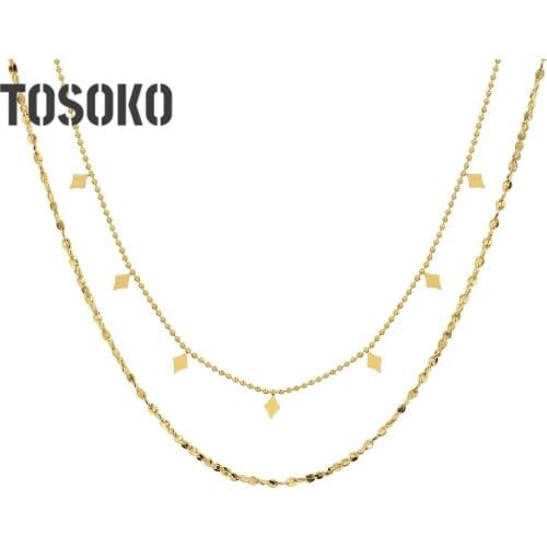 TOSOKO Stainless Steel Jewelry Geometric Diamond Piece Double Layer Stacked Necklace Womens Fashion Clavicle Chain BSP1057