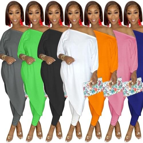 Casual Loose Tracksuit Asymmetric 2 Pieces Sets Women Long Sleeve X-long Top + Long Skinny Pants Autumn Solid Clothings S-2XL