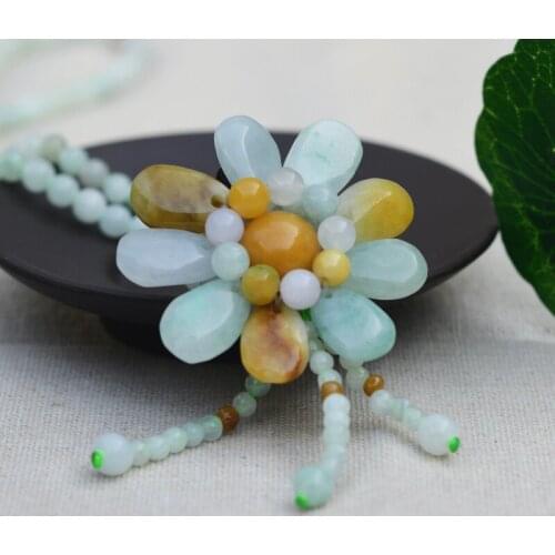 Drop shipping Nature Light Green Yellowish Round Beads Jades Stone Pendant Necklace Sunflowers Sweater Chain Womens Jewelry