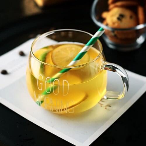 RHE 360ml Black White Letter Coffee Glass Mug Milk Tea Cup Cocktail Glass Crystal Transparent Mugs Handle Drinkware Couple Gifts