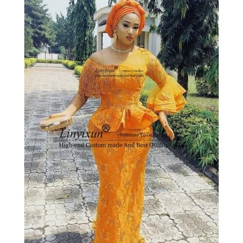 Sexy Yellow Mermaid Evening Dress Long Sleeve Beauty Neck Formal Long Prom Dresses Lace Party Gowns Arabic Evening Gown
