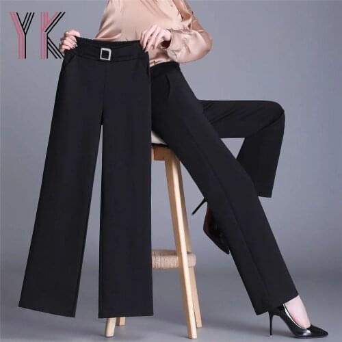 Rhinestone Buckle Black Solid Color Straight Pant Basic Elastic High Waist Trousers Women Stretch Classic Korean Mujer Pantaloon