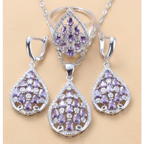Wedding Engagement Party Accessories Hollow Water Drop Purple Crystal CZ Earrings And Necklace Ring 6-Color Women Bridal Sets