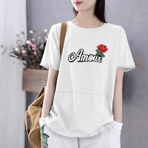 Plus Size Women Spring Summer Style Loose T-Shirts Tops Lady Casual Short Sleeve O-Neck Rose Flower Tees Tshirts Tops ZZ0177
