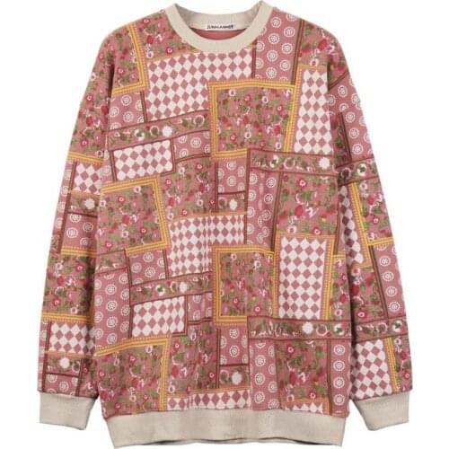 High Quality Autumn Winter Graffiti Japanese Retro Fleece Women Sweatshirt Print Harajuku Rose Flower Wall O-neck Girl Pullover