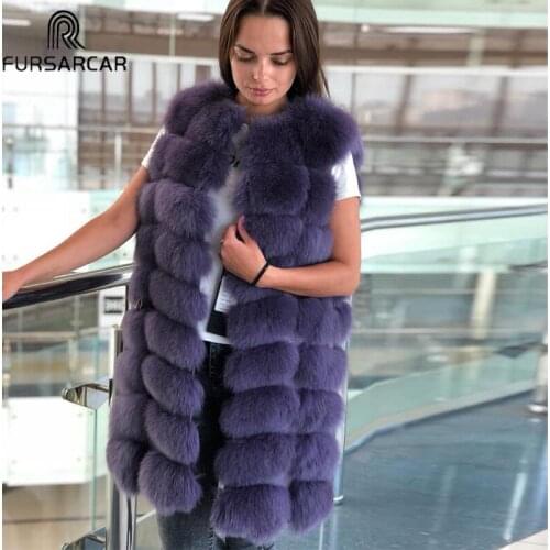 FURSARCAR New Fashion Winter Fur Vest Women Natural Fox Fur Coat 90cm Long Warm Real Fox Fur Gilet Winer Natural Real Fur