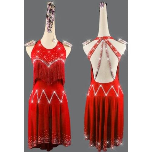 New Women Latin Dance Dress Customize Size Rhinestone Long sleeves Red Tassel Stage Play Performance Professional Salsa Suit