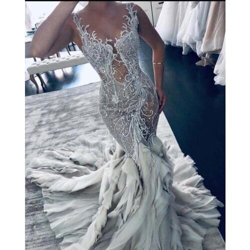 Luxury Lace Beading Wedding Dresses Bride Gowns 2021 Tiered Skirts African Appliqued Crystal Sheer V Neck vestido de novia