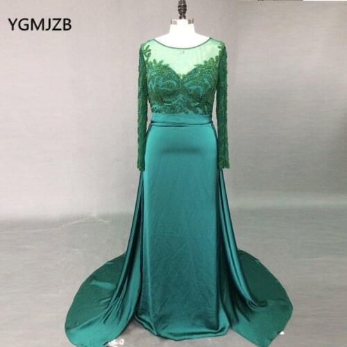 Luxury Mermaid Evening Dress Long Sleeves 2018 Beaded Crystals Arabic Dubai Green Woman Formal Party Gowns Prom Robe De Soiree