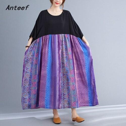 Anteef short sleeve cotton vintage floral dresses for women casual loose long woman summer dress elegant clothes 2021