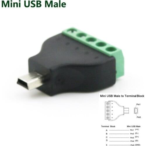1pcs Mini USB Male to 5 Pin Screw with Shield Terminal Block Plug Adapter Connector