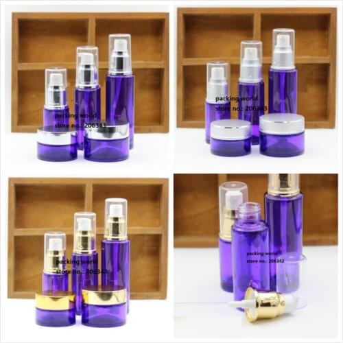 50ml purple glass bottle with shiny silver/matte silver/gold press pump ,lotion/serum/emulsion/foundation cosmetic packing