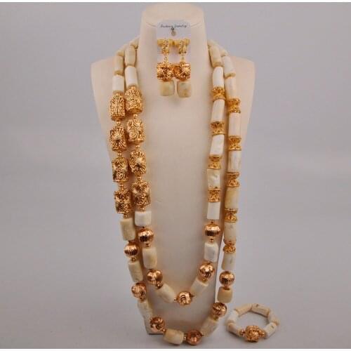 White Long Coral Necklace for Men African Beads Jewelry Set Dubai Gold Nigerian Wedding Groom Bridal Jewelry Sets