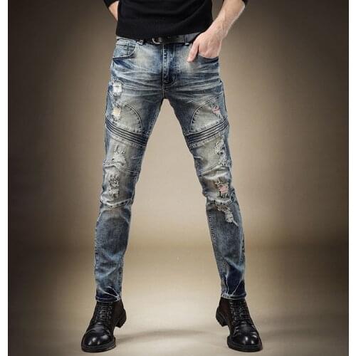 Free Shipping New 2020 mens male American jeans 2019 Spring and Autumn Embroidery Badge Jeans Men Slim Hole Patch casual pants