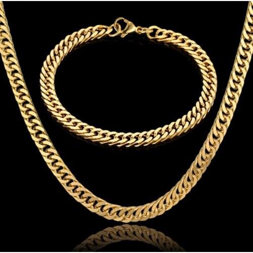Hip Hop 7MM Gold Color Long Cuban Link Chain Necklaces & Bracelets For Men Stainless Steel Hiphop Jewelry Sets Dropshipping