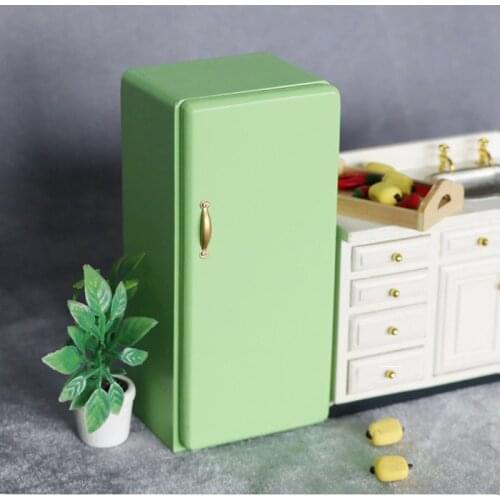 1:12 Dollhouse Miniature Furniture Green Theme Wooden Vintage Fridge For Kitchen Or Dining Room Doll House Decoration
