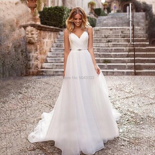 Newest Elegant Tulle Wedding Dresses Beaded Straps A Line Pleated Bridal Gowns Sexy Backless Court Train Wedding Formal Dress