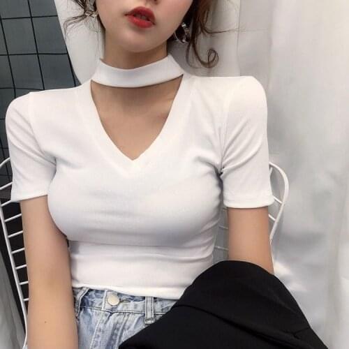 Cotton Women T Shirt Summer 2021 Halter Short Sleeve Plus Size Sex Crop Tops Fashion Basic Female Tshirts Streetwear Casual Tees