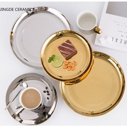 Nordic Style Pure Gold Colour Ceramic Flat Plate Home Decor Japanese Underglaze Round Dessert Porcelain Tableware Dinner Dish