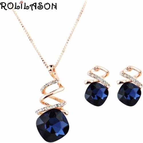 ROLILASON Vintage Blue Color Crystal Zircon Rose Gold Set Spring Carnival Pendant Necklace Earrings Charm Memorial Gift JS821