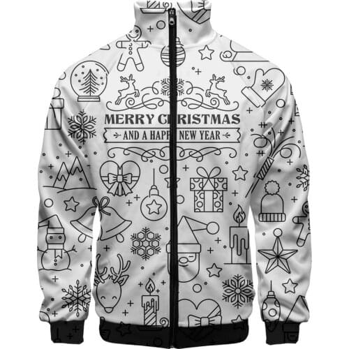 Collar Jacket New 3D Printed Zipper Jacket Women/men Long Sleeve Jacket Casual Streetwear Clothes Funny Happy Merry Christmas