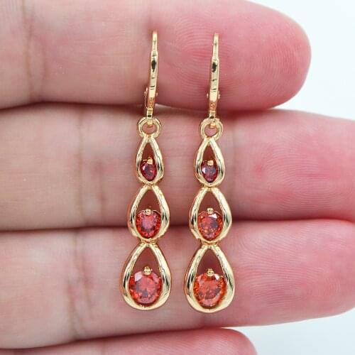Gold Color Women Fashion Red Zirconia CZ Water Drop Dangle Earrings Jewelry