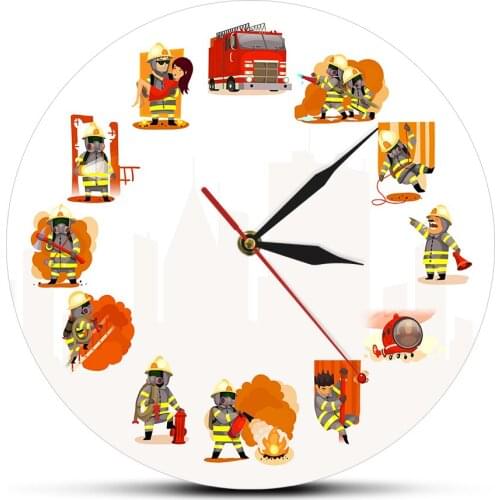 Cartoon Fireman Wall Art Clock Fire & Rescue Fire Department Decor Wall Clock Comic Style Firefighter Team Acrylic Timepiece