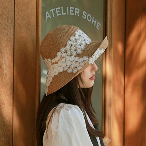 New Womens bucket hat panama 2021 sun hat むぎ straw hat ladies Womens summer hat Lace bow decoration Breathable straw hats