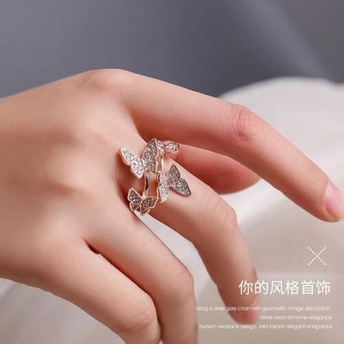 New Trendy Colorful Crystal 4 Butterflies Insect Ring For Women Alloy Opening Ring Single Index finger Ring Gift Jewelry