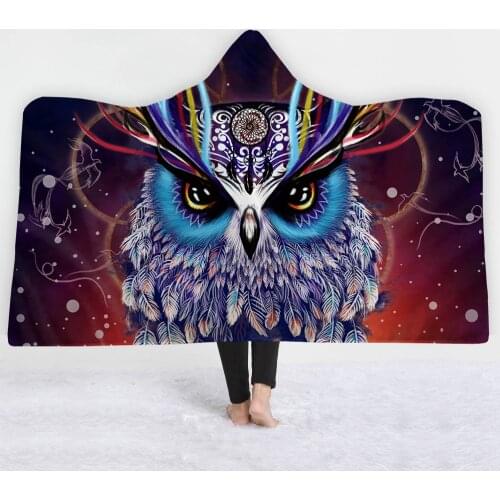 Animals Owl Hooded Blanket Portable Winter Wearable Microfiber Hoodie Blanket Cloak Blankets Sofa Bed Throw Blanket