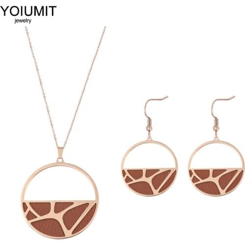 Yoiumit Stainless Steel Interchangeable Leather Neckace &Earring For Women Manchette Pendant Earrings Necklace Women Jewelry Set