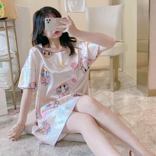 Disney Cartoon Mickey Minnie Pajamas Ladies Summer Thin Print Casual Loose Milk Silk Nightdress Home Service Suit