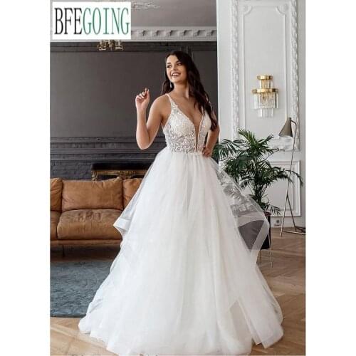 Ivory Lace Beading V-Neck Spaghetti Straps Floor-Length Layered Skirt Princess A-Line Wedding Dresses Custom Made