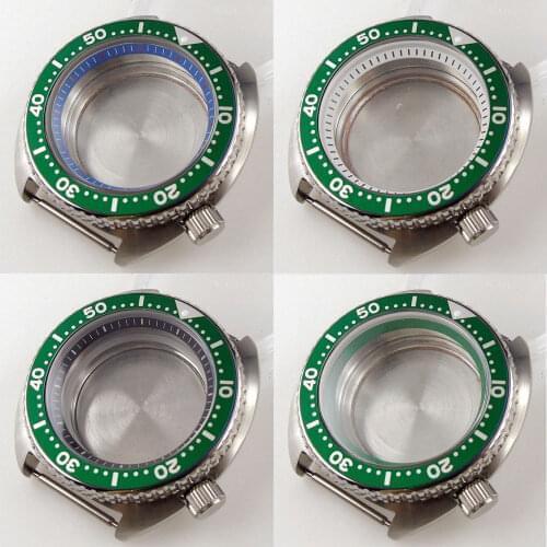 Steel 45mm Automatic Brushed Watch Case fit NH35A NH36A Alloy Green Insert Sapphire Glass Unidirectional Bezel
