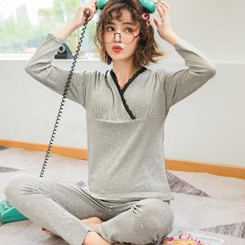 Expectant Mother Nursing Pajamas V-Neck Set Long Sleeve T-shirt+Trousers 2pcs Pregnant Women Sleepwear Postpartum Mother Pajamas