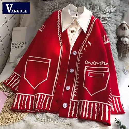 Vangull 2021 New Korean Chic Painted Cardigan Women Autumn Loose Knitted Swteater Female V-neck Single Breasted Lady Cardigan