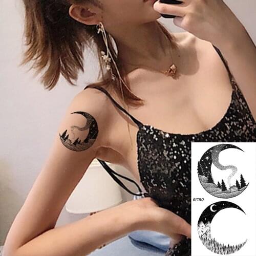 VANKIRS Black Valley Moon Temporary Tattoo Women Body Arm Chest Tattoo Sticker Men Fashion Ankle Comping Fake Tatoos Pine Tree