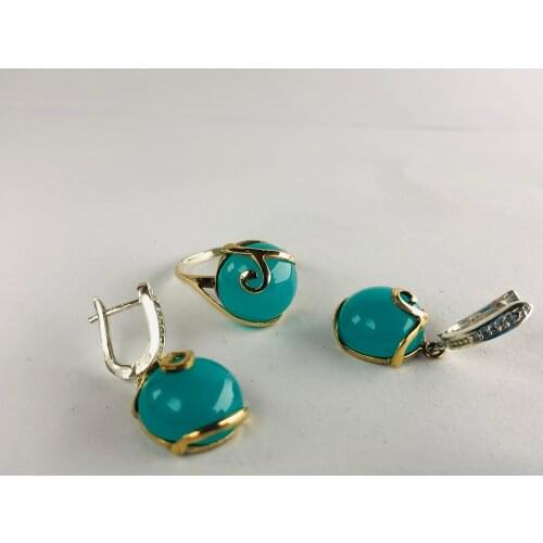 925 starling silver turquoise colored round stone gold framed and patterned wedding jewelry set for women jewelry se