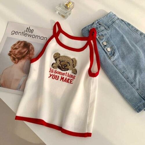 Knitted camisole cartoon bear embroidery girly sense of summer cute kawaii y2k vintage corest cropped top Slim suspenders tide