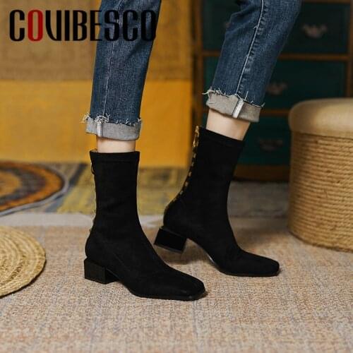 COVIBESCO 2021 Woman Boots Autumn Winter Warm Cow Suede Leather Basic Shoes Office Shoes Fashion Rivets Decoration Shoes Women